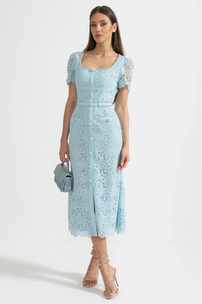 Giulia – Azure Blue Lace Midi Dress with Short Sleeves & Decorative Buttons