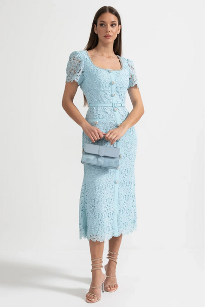 Giulia – Azure Blue Lace Midi Dress with Short Sleeves & Decorative Buttons