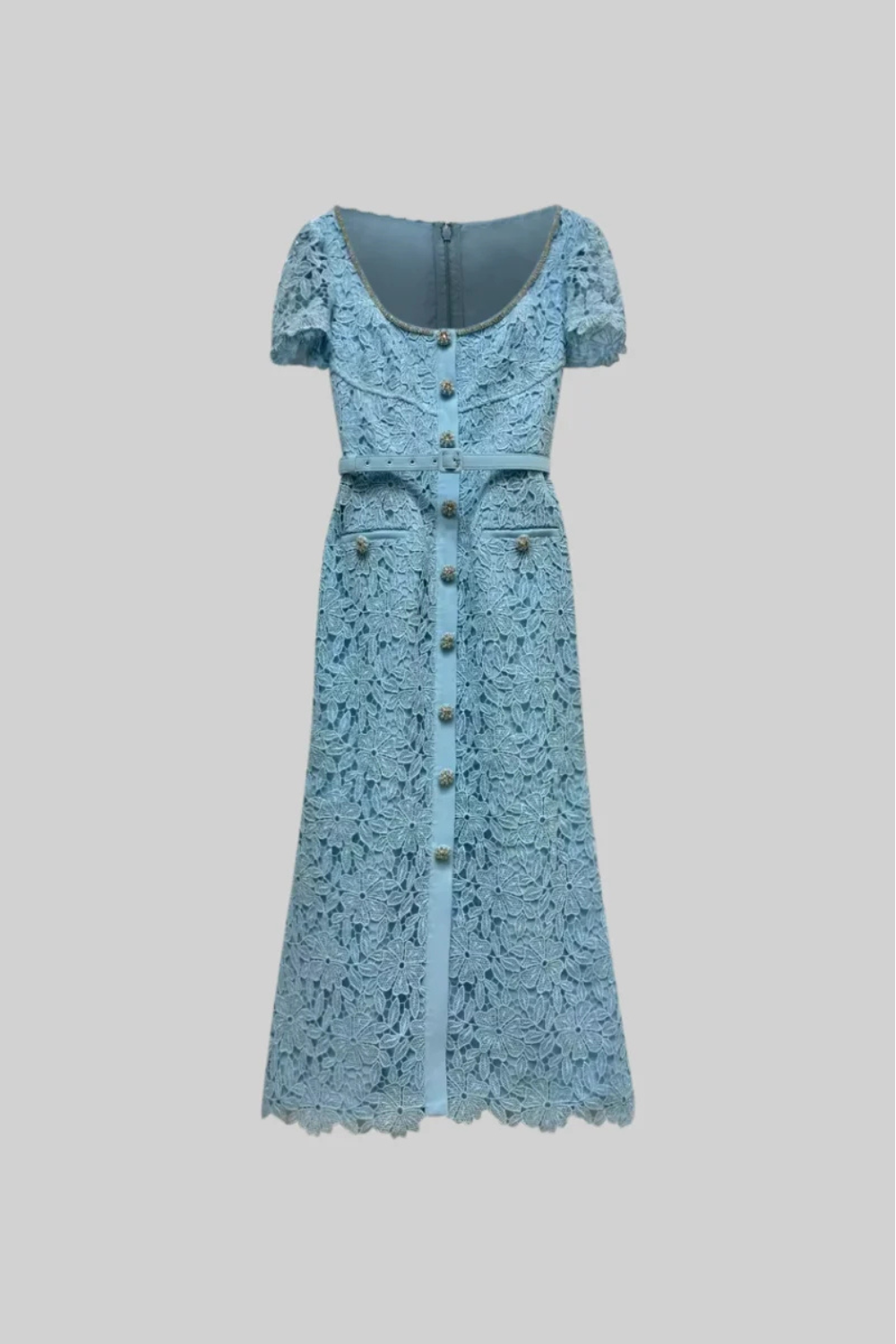 Giulia – Azure Blue Lace Midi Dress with Short Sleeves & Decorative Buttons