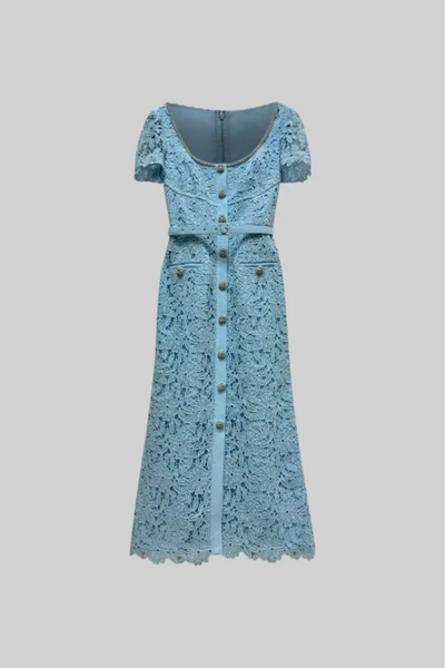 Giulia – Azure Blue Lace Midi Dress with Short Sleeves & Decorative Buttons