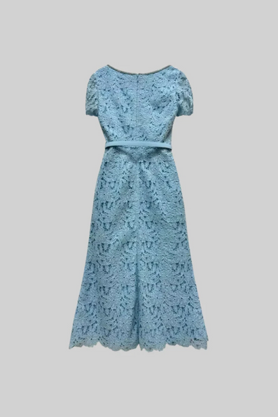 Giulia – Azure Blue Lace Midi Dress with Short Sleeves & Decorative Buttons
