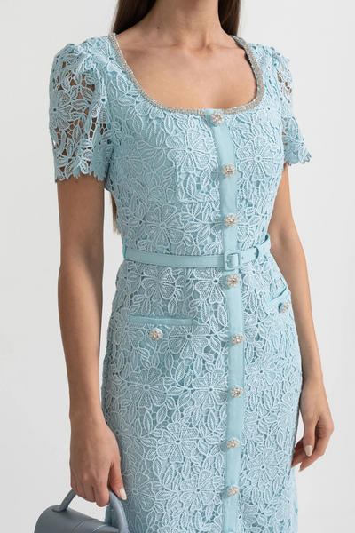 Giulia – Azure Blue Lace Midi Dress with Short Sleeves & Decorative Buttons