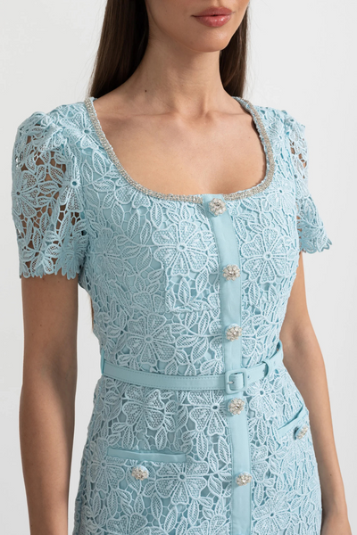 Giulia – Azure Blue Lace Midi Dress with Short Sleeves & Decorative Buttons