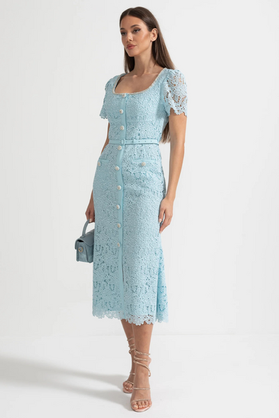 Giulia – Azure Blue Lace Midi Dress with Short Sleeves & Decorative Buttons