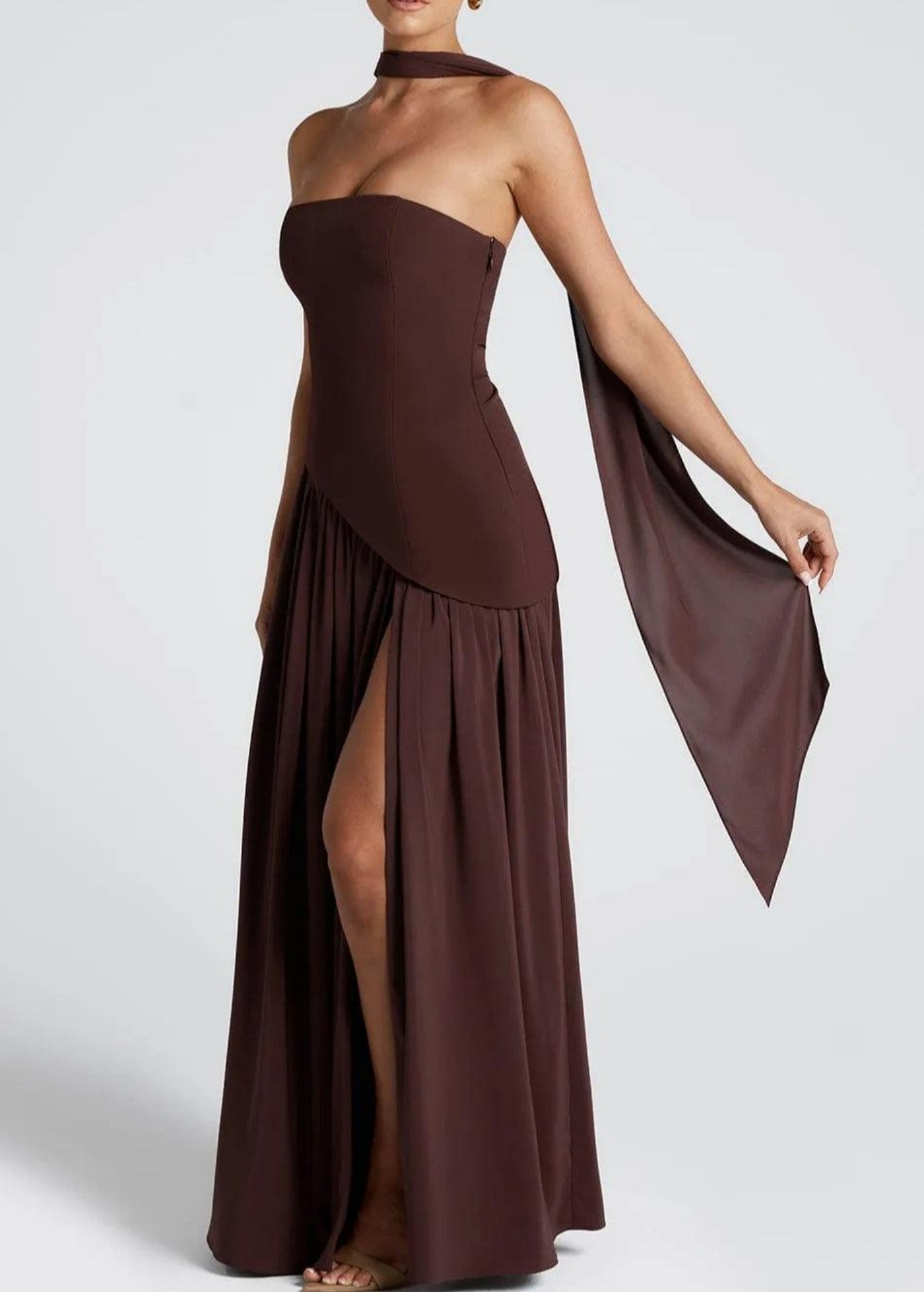 Felina | Strapless Plum Maxi Dress with High Slit & Bow Detail