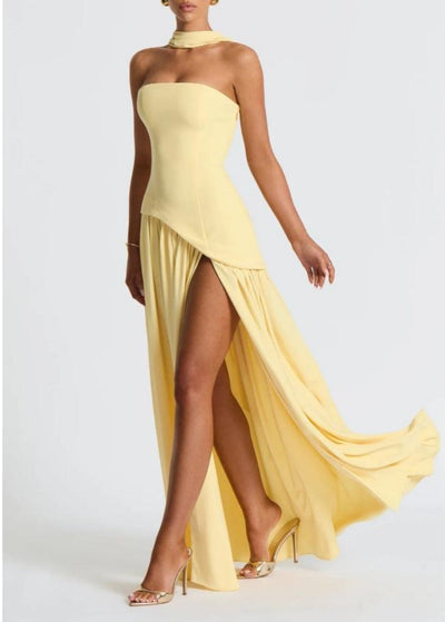 Felina | Strapless Plum Maxi Dress with High Slit & Bow Detail