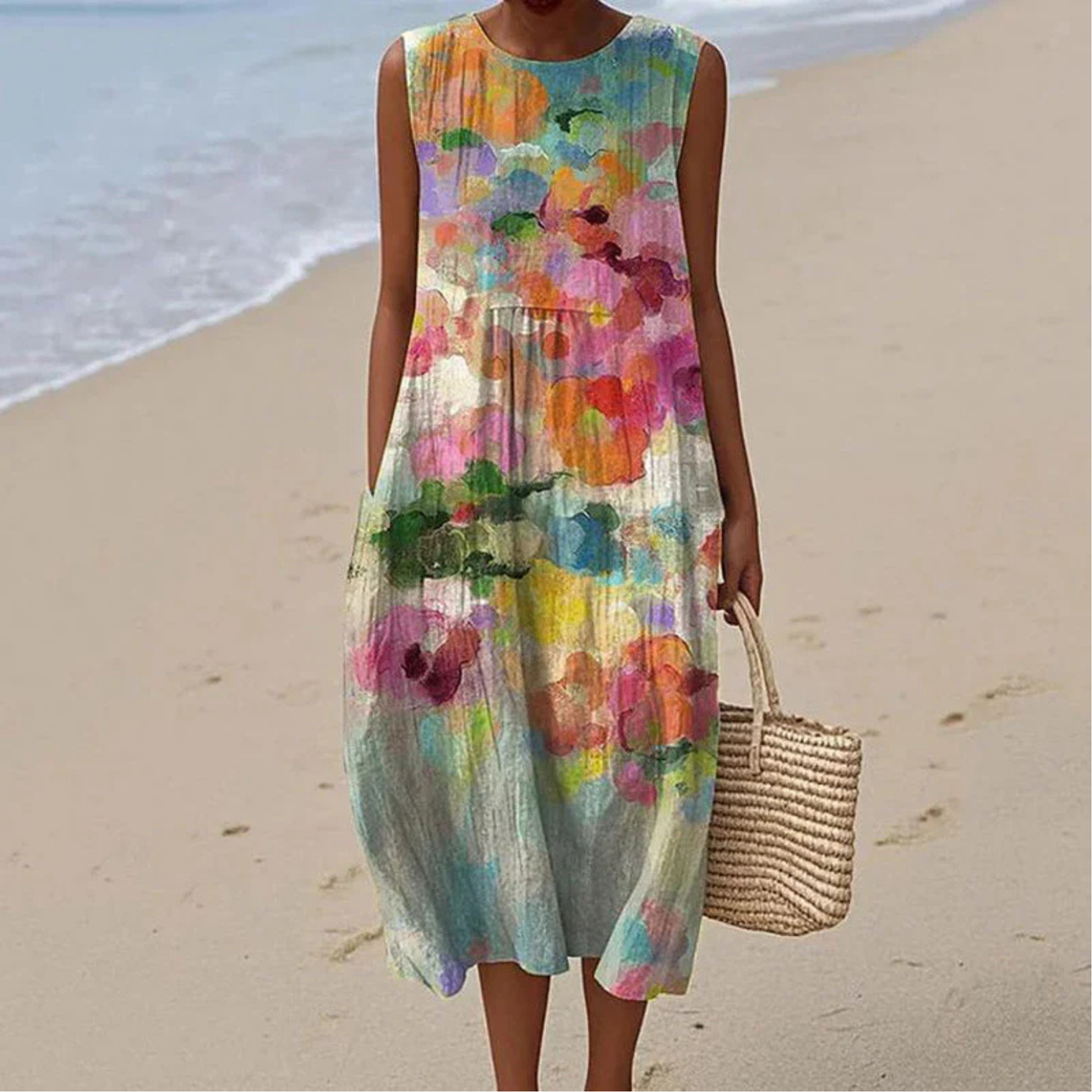 Thalia – Sleeveless Midi Dress with Artistic Print in Breathable Cotton Blend
